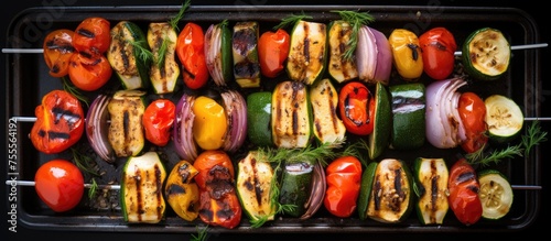 A top view of a grill pan filled with a variety of vegetables, including bell peppers, zucchinis, onions, and mushrooms, marinated in herbs and being cooked. © TheWaterMeloonProjec