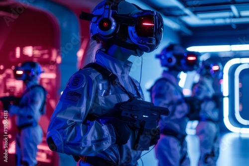 An arcade showing gamers wearing VR headsets and motion suits.
