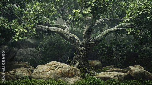 Lush Tree With Green Leaves and Rocks generative ai