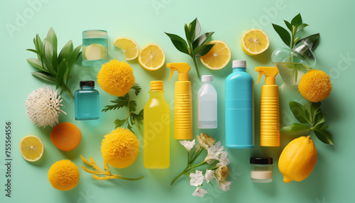 cleaning products in pastel colors on a yellow background, top view. 