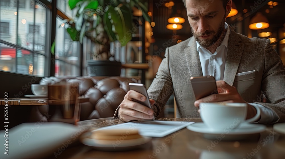 Businessman using smartphone at coffee bar. Businessman using smartphone at coffee bar.