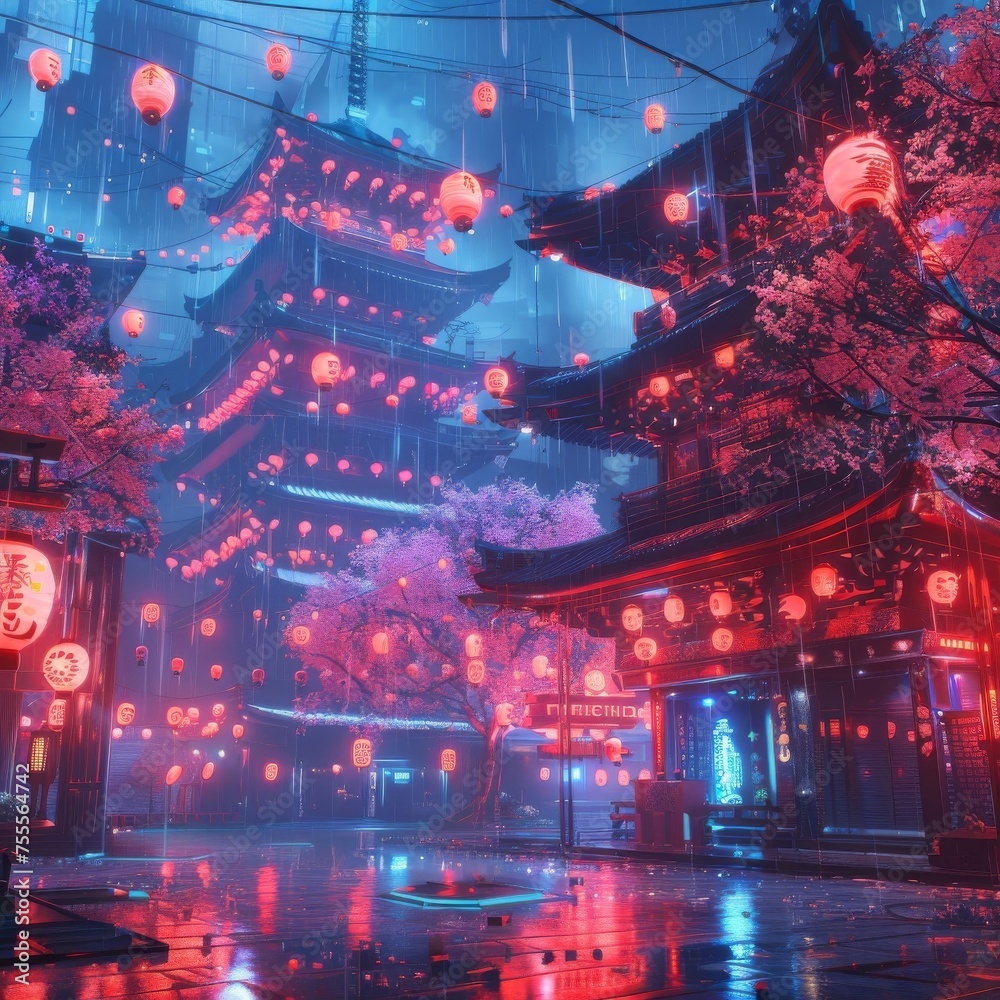 Cyber samurai city neon katana shops