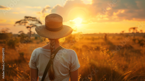 Woman looking at sunset over savannah during her safari holidays in Africa with copy space