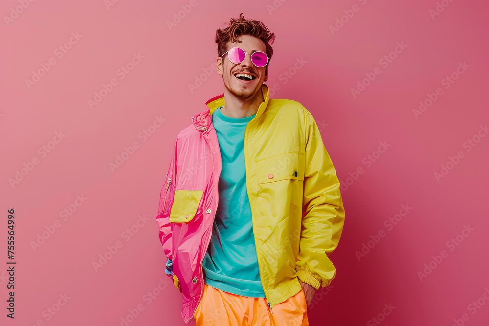 Gen-z handsome caucasian European fashionable male, wearing neon stylish clothes, retro style in the style of vaporwave fashion with copy space