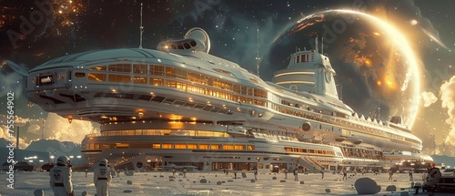 Interstellar cruise ship retro-futuristic amenities