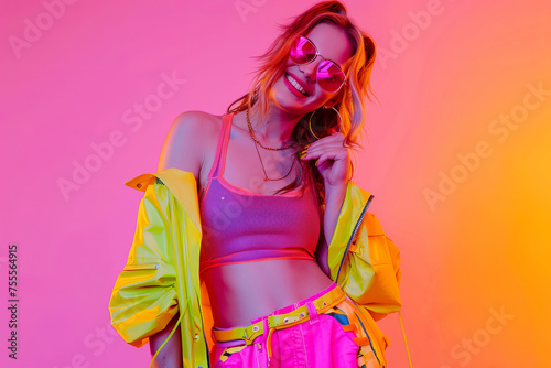 Gen-z beautiful caucasian fashionable female, wearing neon stylish clothes, retro style in the style of vaporwave fashion
