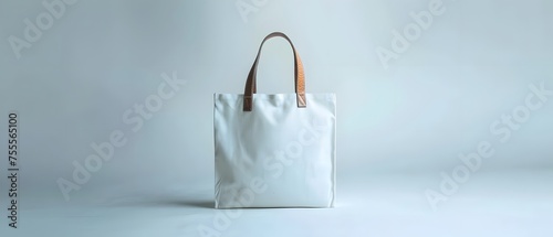 white shopping bag with a Brown leather handle, totebag, Canvas bag On light grey background, sustainable accessory for shopping, conscious lifestyle. mockup product.