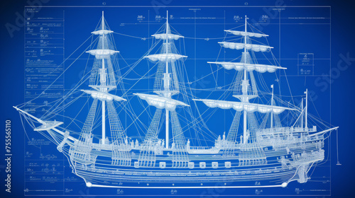 Illustration of a technical drawing of an old boat galleon style mixing the vintage aspect of the ship and the modern look of the blueprint