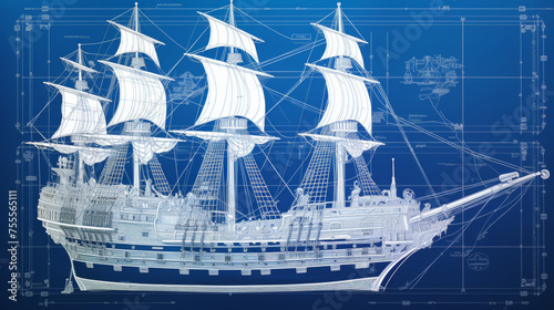 Illustration of a technical drawing of an old boat galleon style mixing the vintage aspect of the ship and the modern look of the blueprint