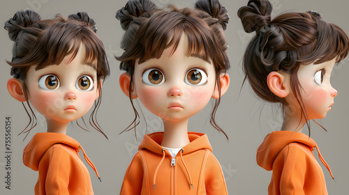 A cute girl in the style of gongbi, whimsical figurines, photorealistic, 8K 3D, anthropomorphic shapes, different moods, multiple poses and expressions, dark beige and orange photo