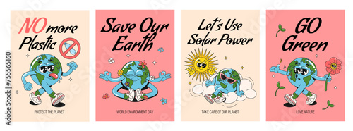 Set of motivation retro groovy posters or greeting cards templates with cute Earth planet characters and slogan of save Earth. Trendy cartoon vector illustrations. World Environment Day concept.