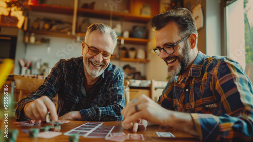Two happy mature men playing to a card game on a table at home photo