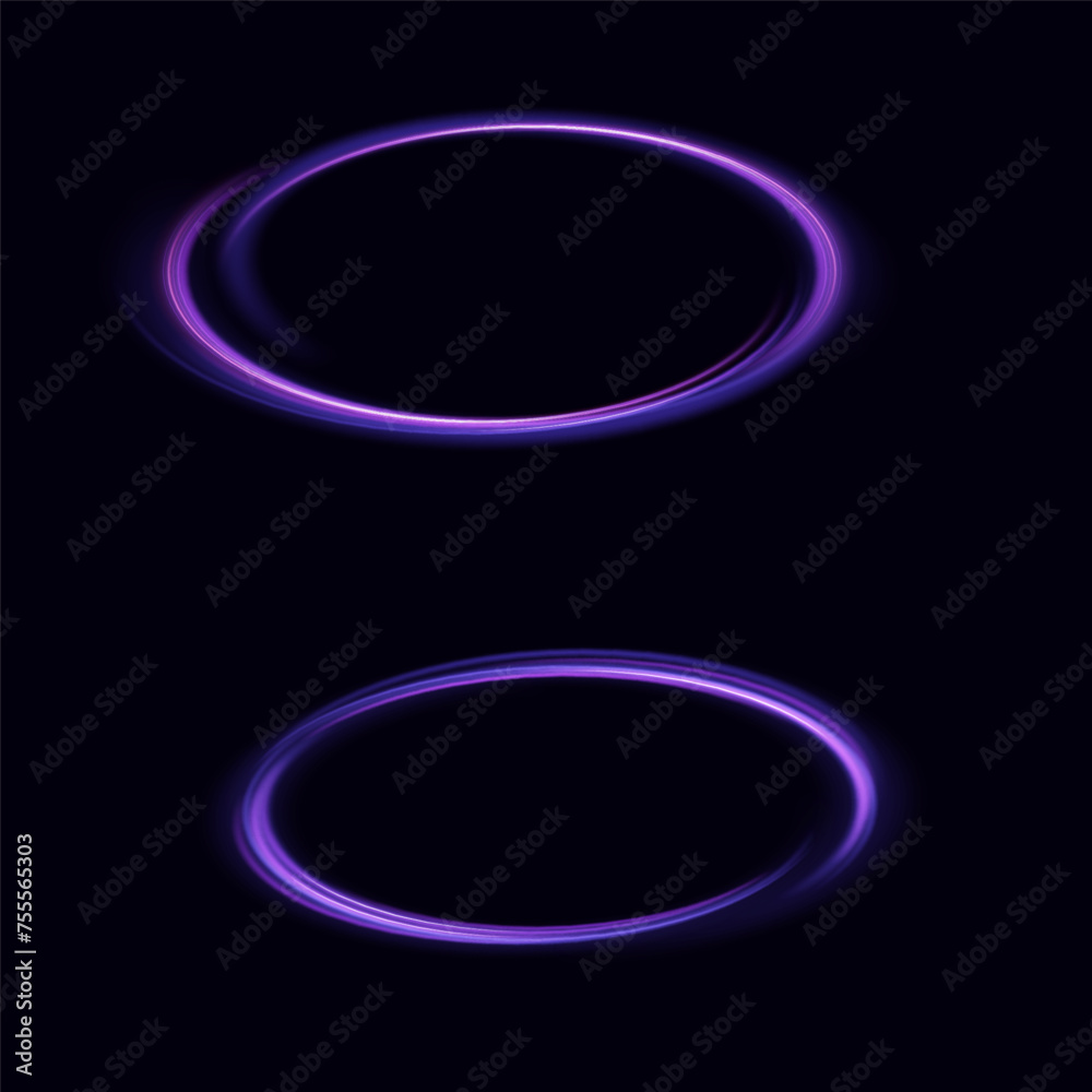Abstract light lines of movement and speed with purple flare sparkles. Shine swirl magic line trail. Glowing violet circle, semicircular wave. Glow neon ring trace. Glittering shimmer spiral. Vector Abstract light lines of movement and speed with purple flare sparkles. Shine swirl magic line trail. Glowing violet circle, semicircular wave. Glow neon ring trace. Glittering shimmer spiral. Vector