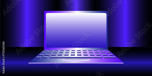 Laptop with glowing purple backlight in a dark setting.