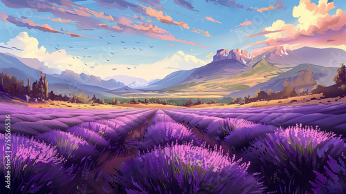 Vector blooming lavender field at the foot of the mountain, simple 3d smooth isolated illustration