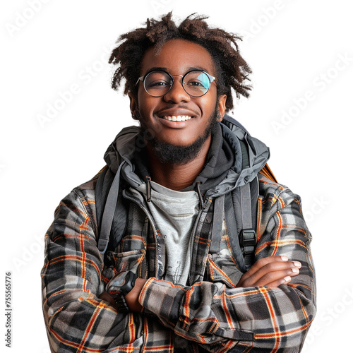 Cute black American student Successful smile isolated on transparent background.