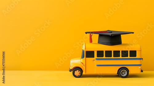 Yellow school bus with graduation gown on yellow background.