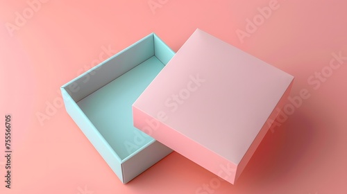 Open Square blue and pink color cardboard box for mockup packaging on background. top view. 