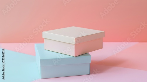 Pile of two Square color cardboard box for mockup packaging on pastel background. Side view. 