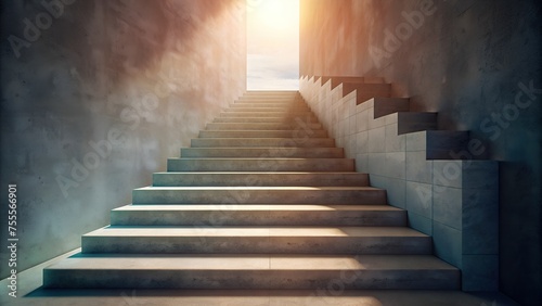 long staircase made of concrete ascending towards a bright light source