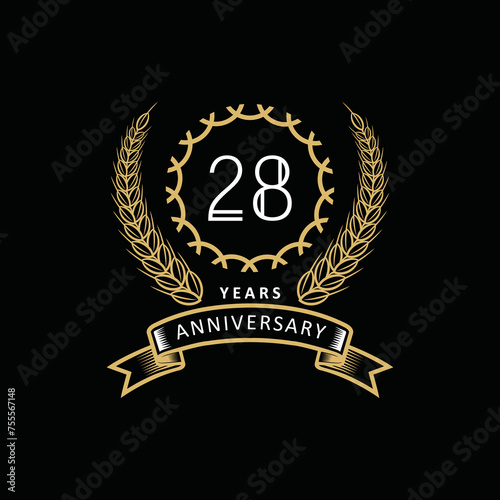 28st anniversary logo with gold and white frame and color. on black background