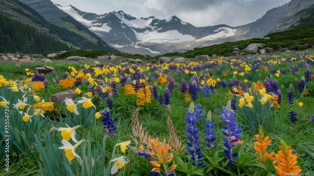 Experience Spring's Palette Amidst Majestic Peaks, A Call to Preserve Mountain Ecosystems. Generative AI