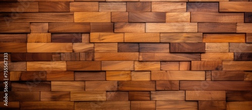 A wall constructed of various wooden planks is pictured against a solid brown background. The wood texture is prominently displayed, showcasing the natural grains and colors of the teak material.