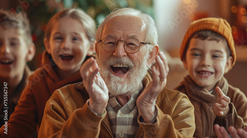 avô feliz e sorridente com surpresa feita pelos netos  photo