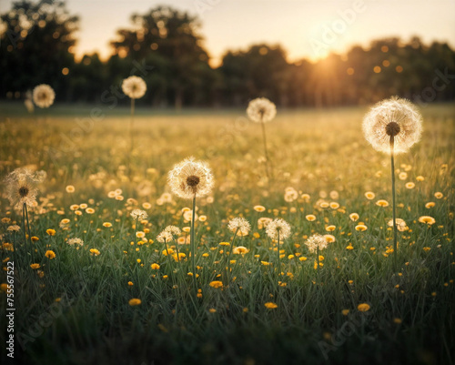 A field of dandelions blowing in the wind during sunset. ai