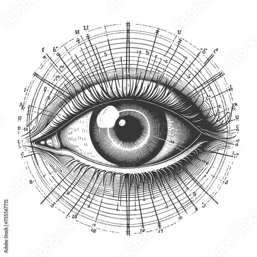 vintage human eye with overlaying diagram lines, illustrating ocular anatomy and geometry sketch engraving generative ai raster illustration. Scratch board imitation. Black and white image.