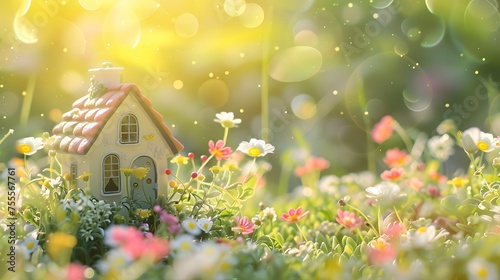 Small house with flowers on nature green background, Real estate property single house, business concept.
