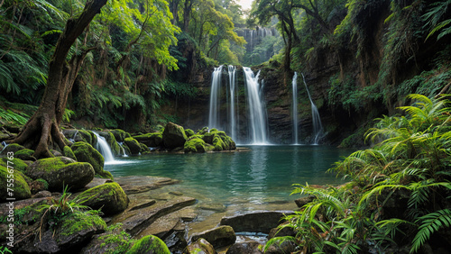 a serene waterfall surrounded by lush greenery, with a pool of clear blue water at its base. ai 