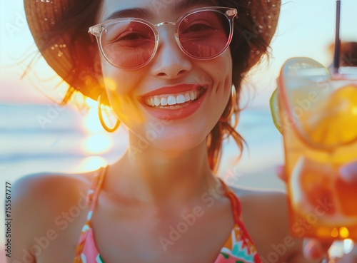 Rear view of beautiful woman is holding orange juice glass at poolside in summer closeup.