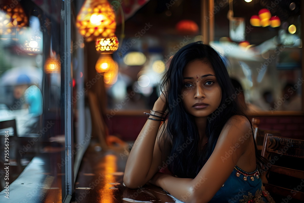 sad young woman sitting alone in a restaurant
