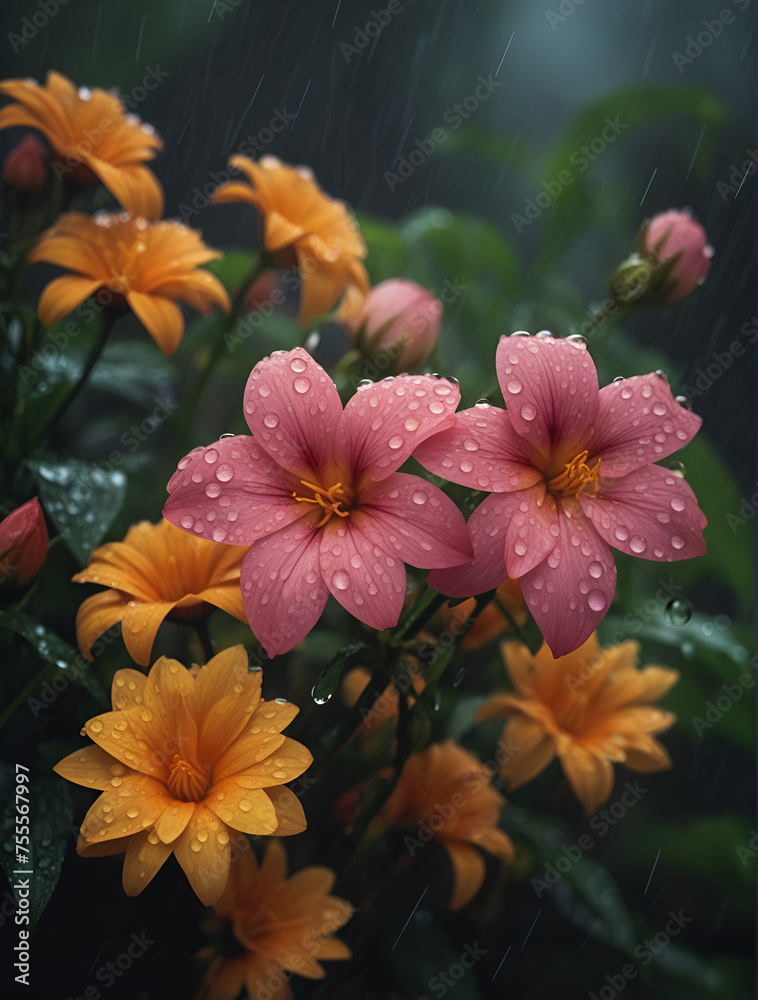 A close-up of rain-soaked flowers in a garden, showcasing the resilience and beauty of nature during the rainy season. ai generative