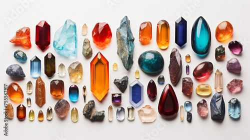 Knolling colorful crystal gemstones.