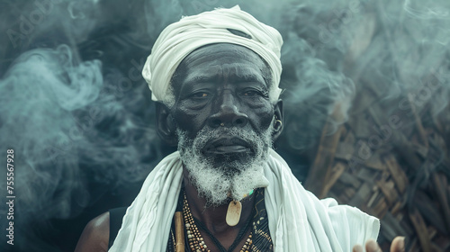  homem negro com lenço branco na cabeça e colares no pescoço Cultura do candomblé