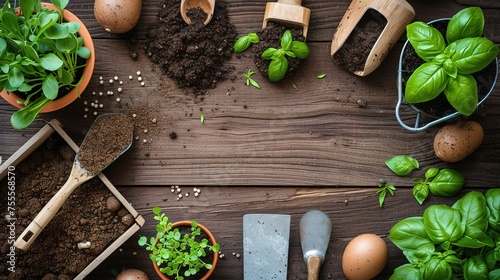 Top view of gardening tools, soil and plants on wooden table, space for text.