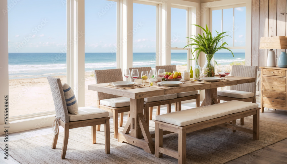 Wooden dining table set on the beach with sea view background.