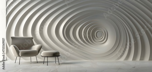 A white chair is sitting in front of a wall with a spiral pattern. The chair is the only object in the room, and it is positioned in a way that it is facing the wall. The room appears to be empty photo
