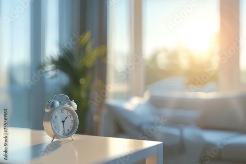 a clock on the table over blurred light bedroom