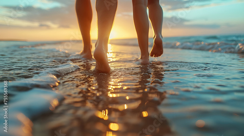 Sunset Serenity: Barefoot Couple Walking on the Beach, Embracing the Tranquility of Nature. Generative AI