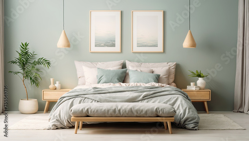 Interior of modern bedroom with comfortable bed, plants and mock up posters © Hoody Baba