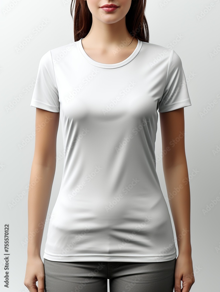 A woman is wearing a white shirt and standing in front of a white background A woman is wearing a white shirt and standing in front of a white background