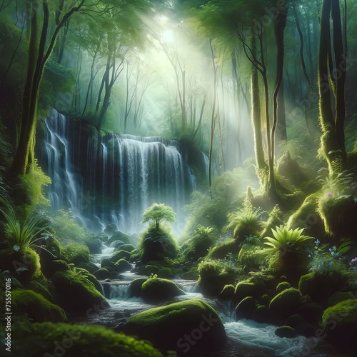 秘境の滝と幻想的な森の光景