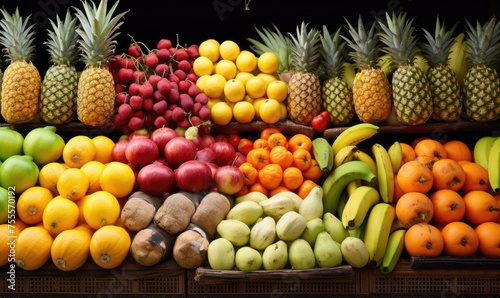 A colorful display of fruits and vegetables  including apples  oranges  bananas