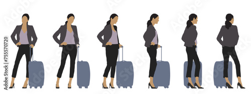 Vector concept conceptual silhouette of a woman with luggage standing from different perspectives isolated on white background. A metaphor for travelling, vacation, business and lifestyle