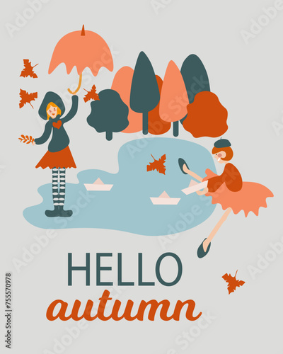 Whimsical 'Hello Autumn' poster featuring playful kids enjoying the fall weather, with umbrellas and leaves, perfect for seasonal decor and greetings.