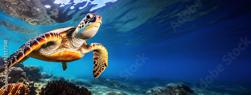 Hawaiian Green Sea Turtle, panoramic layout. Generative Ai