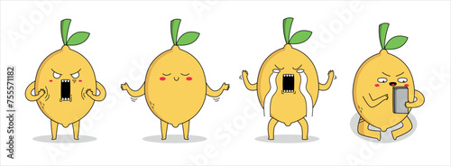 Cute lemon cartoon character set 3 of shocked, indifferent, crying and scrolling phone